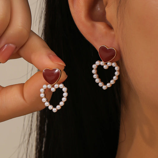 Cute Enamel Stud Drop Earrings, Romantic Love Heart Pearl Hoop Earrings