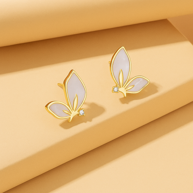 Luxury Butterfly Gold Plated White Enamel Studs with Crystal Accent Earrings for Women