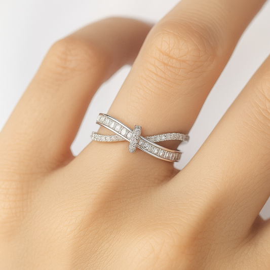 Silver Bow Designed Zircon Stone Studded Elegant Adjustable Ring for Women