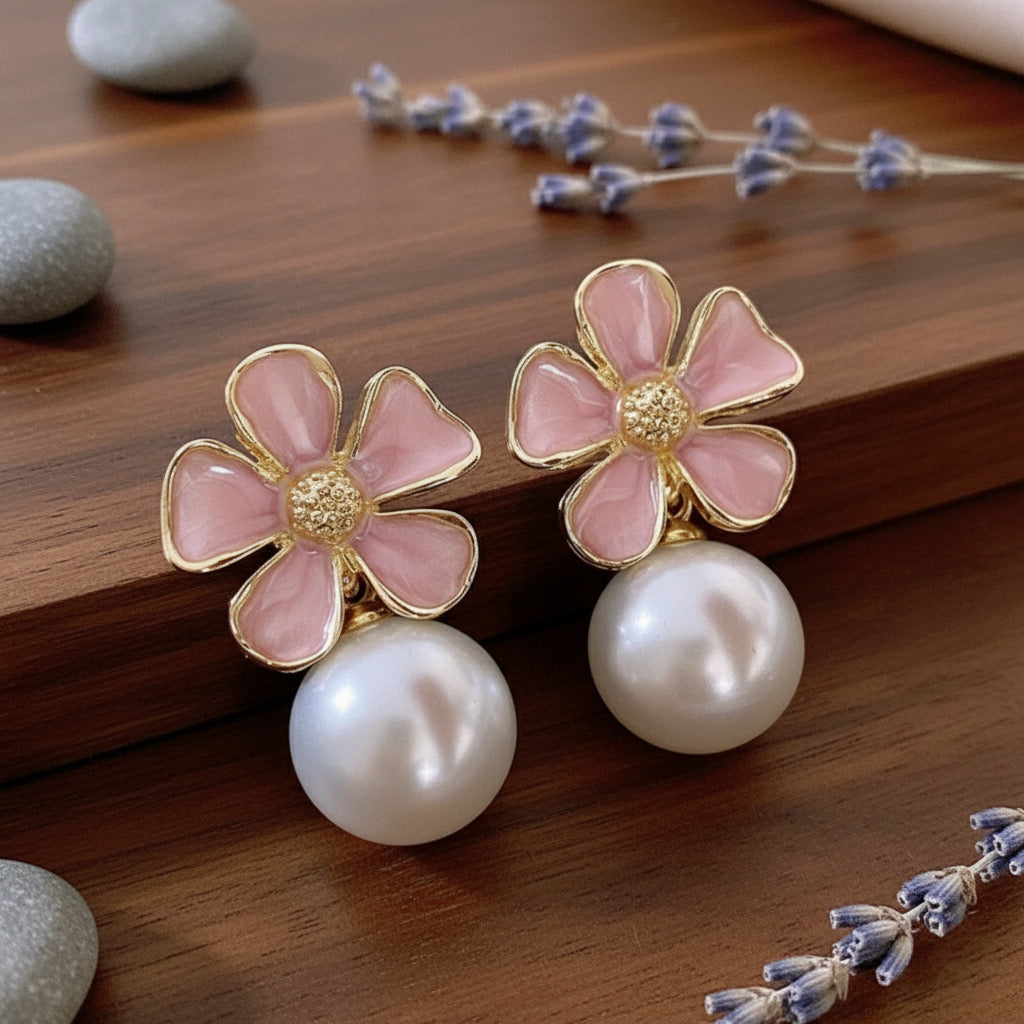 Charming Pink Enamel Floral Stud Earrings with Round Pearl Dangle