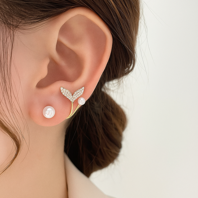 Double Pearl Ear Climber Stud Wrap Earrings For Women