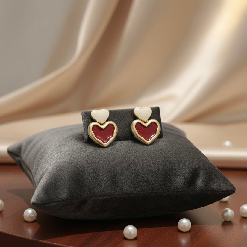 Trendy Double Heart Red and White Enamel Heart Studs for Women