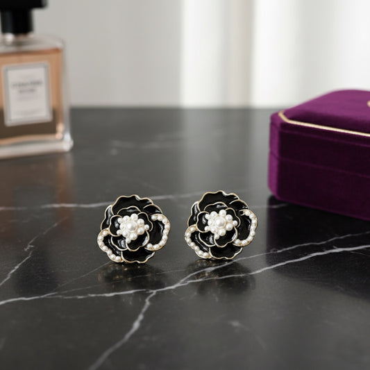 Elegant Black Enamel Vintage Floral Stud Earrings with White Bead Accents