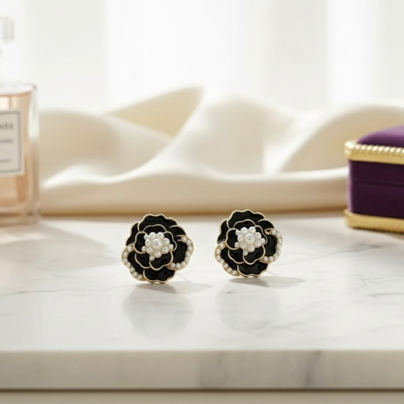 Elegant Black Enamel Vintage Floral Stud Earrings with White Bead Accents