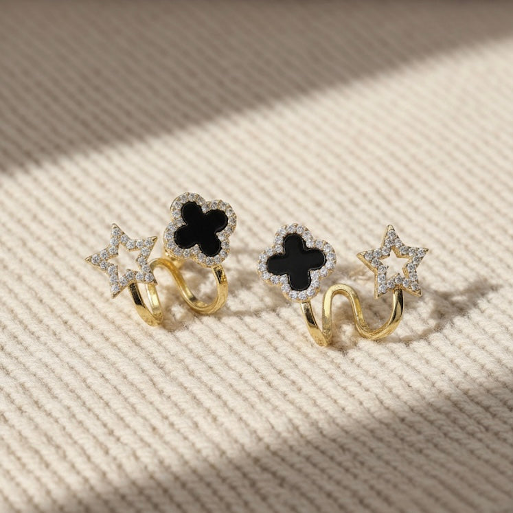Trendy Asymmetric Clover & Star Black Enamel and Crystal Stud Design Earrings