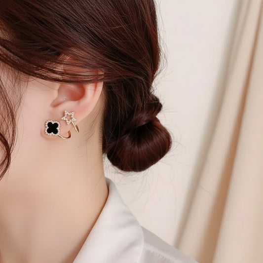 Trendy Asymmetric Clover & Star Black Enamel and Crystal Stud Design Earrings