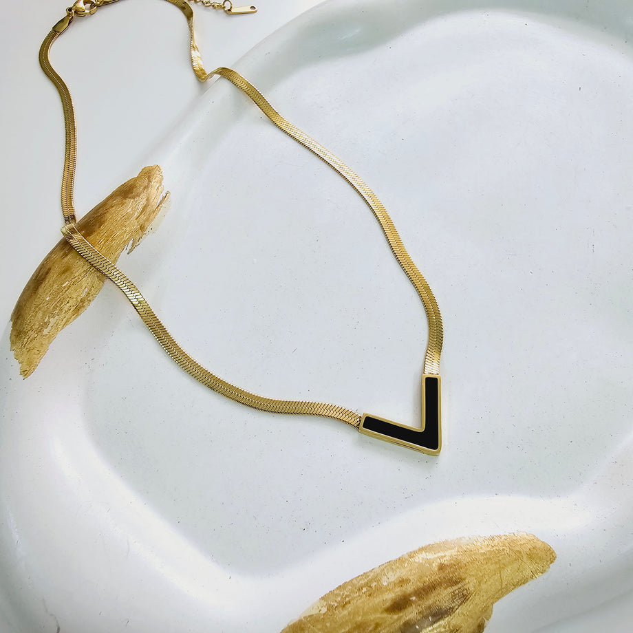Gold Plated V Shape Black Enamel Pendant With Elegant Statement Snake Chain Necklace