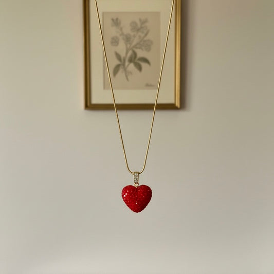Elegant Red Crystal-Studded Textured Heart Charm Heart Pendant Necklace