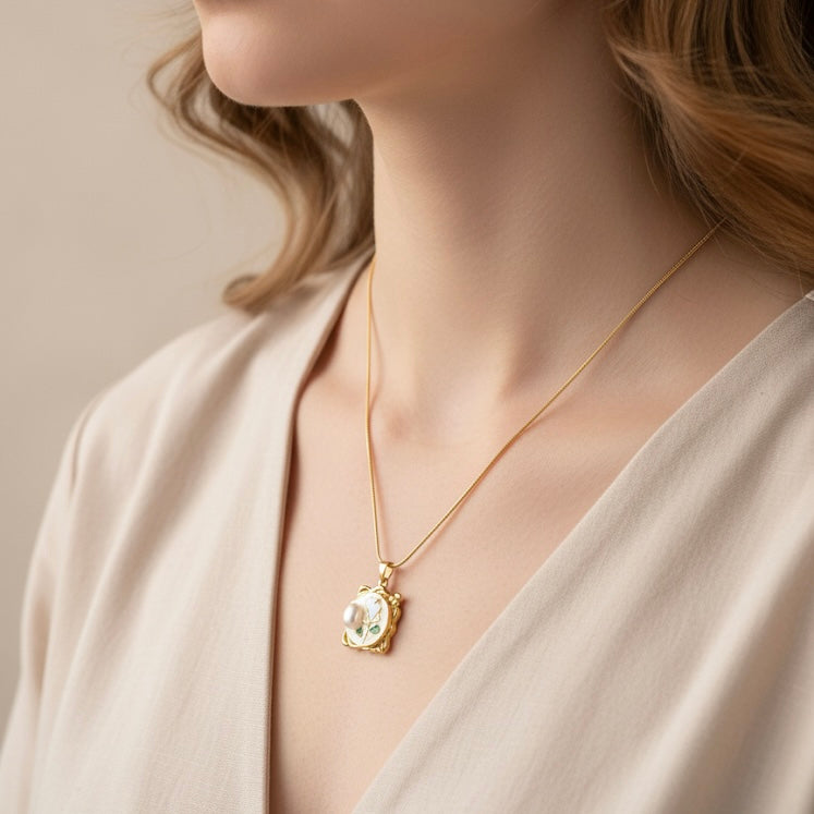 Vintage Pearl Pendant with Green Enamel Leaf Design Necklace for Women