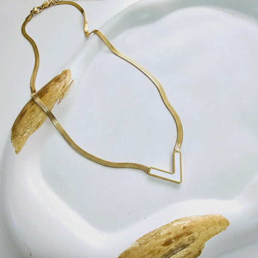 Gold Plated V Shape White Enamel Pendant With Elegant Statement Snake Chain Necklace