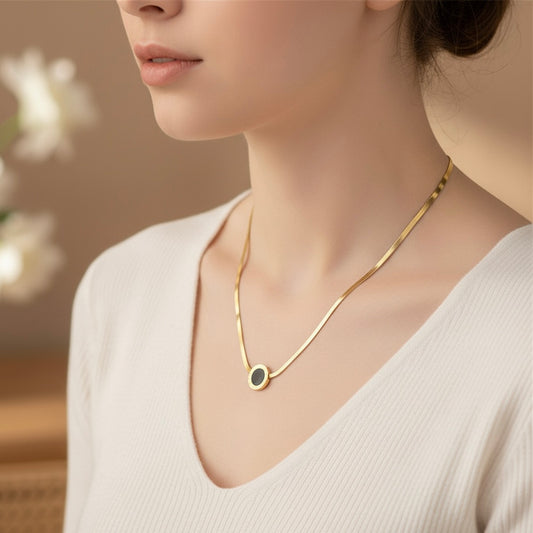 Elegant Black Enamel Roman Design Locket with Flat Snake Chain Necklace