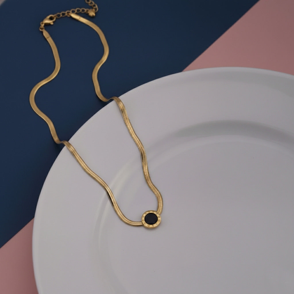 Elegant Black Enamel Roman Design Locket with Flat Snake Chain Necklace