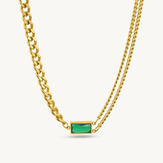 Trendy 18K Gold Plated Green Emerald Cut Dual Chain Modern Pendant Necklace