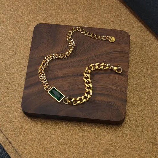 Premium Green Rectangular Crystal Stone With Adjustable Cuban Link Chain Bracelet