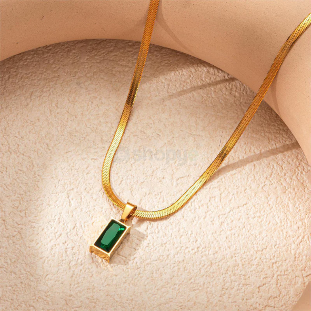 Luxury Gold Plated Rectangle Green Pendant Necklace for Women