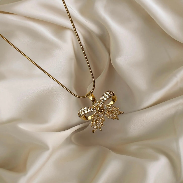 Elegant Bow Pendant Necklace with Sparkling Cubic Zirconia Stones for Women & Girls
