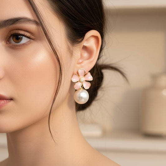 Charming Pink Enamel Floral Stud Earrings with Round Pearl Dangle
