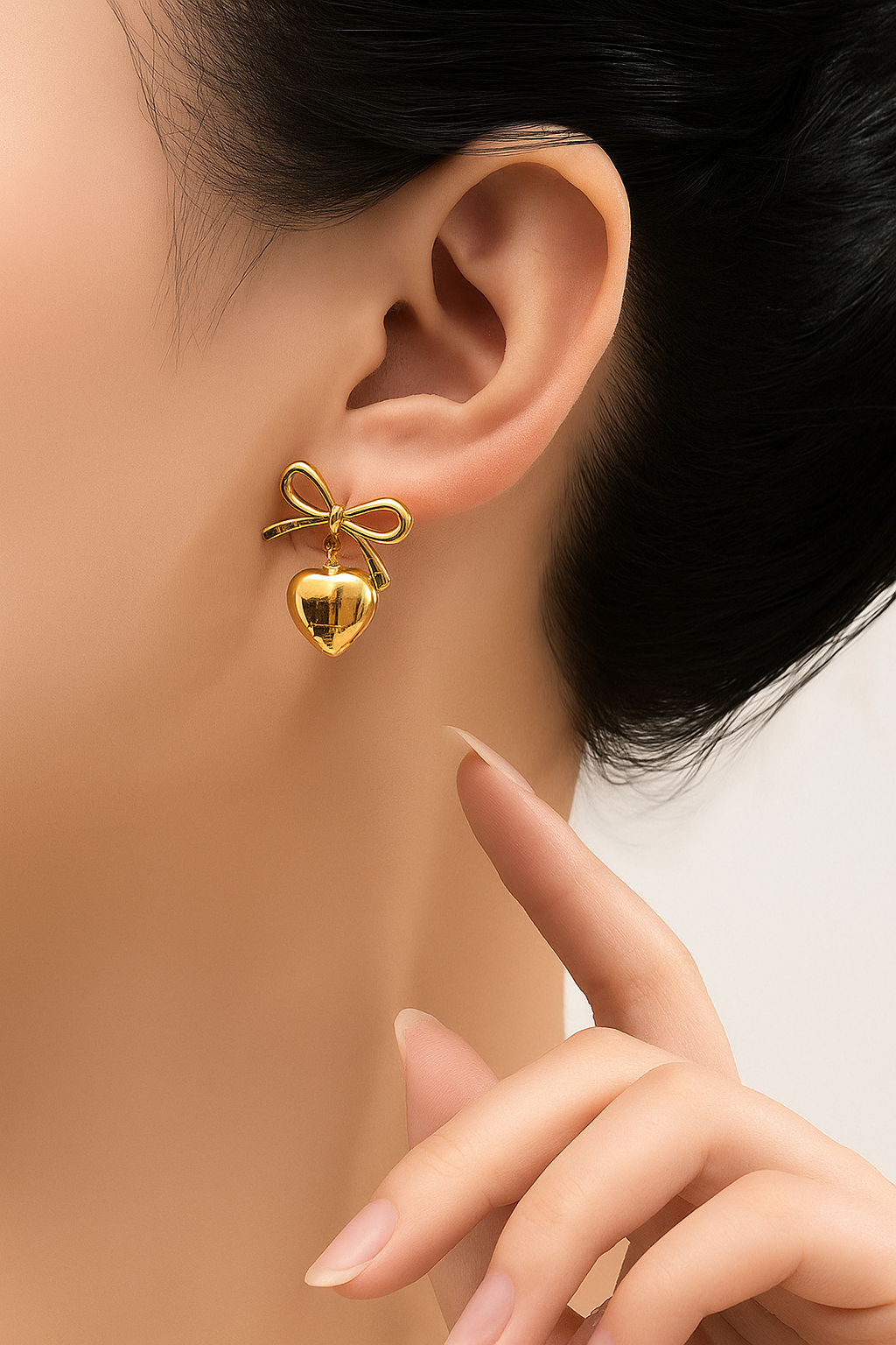 Elegant Gold Heart Bow Anti Tarnish Korean Earrings for Women & Girls