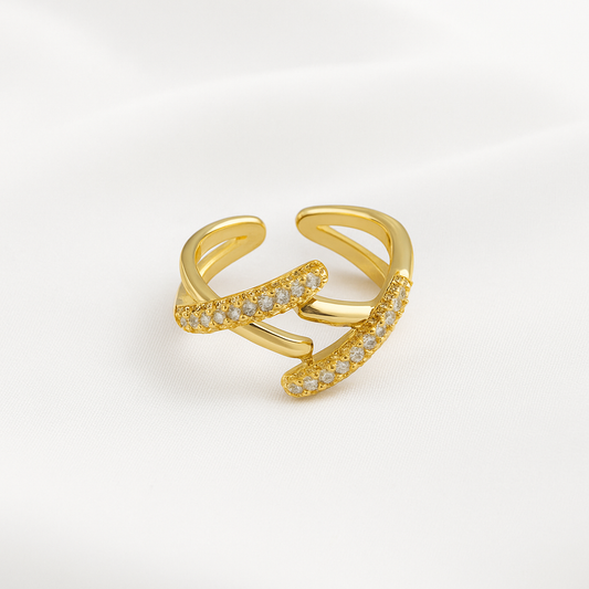 Gold-Plated Adjustable Double Band Zircon Ring – Elegant & Versatile