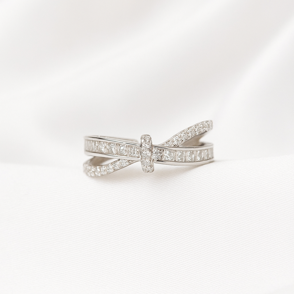 Silver Bow Designed Zircon Stone Studded Elegant Adjustable Ring for Women