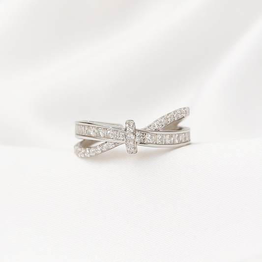 Silver Bow Designed Zircon Stone Studded Elegant Adjustable Ring for Women