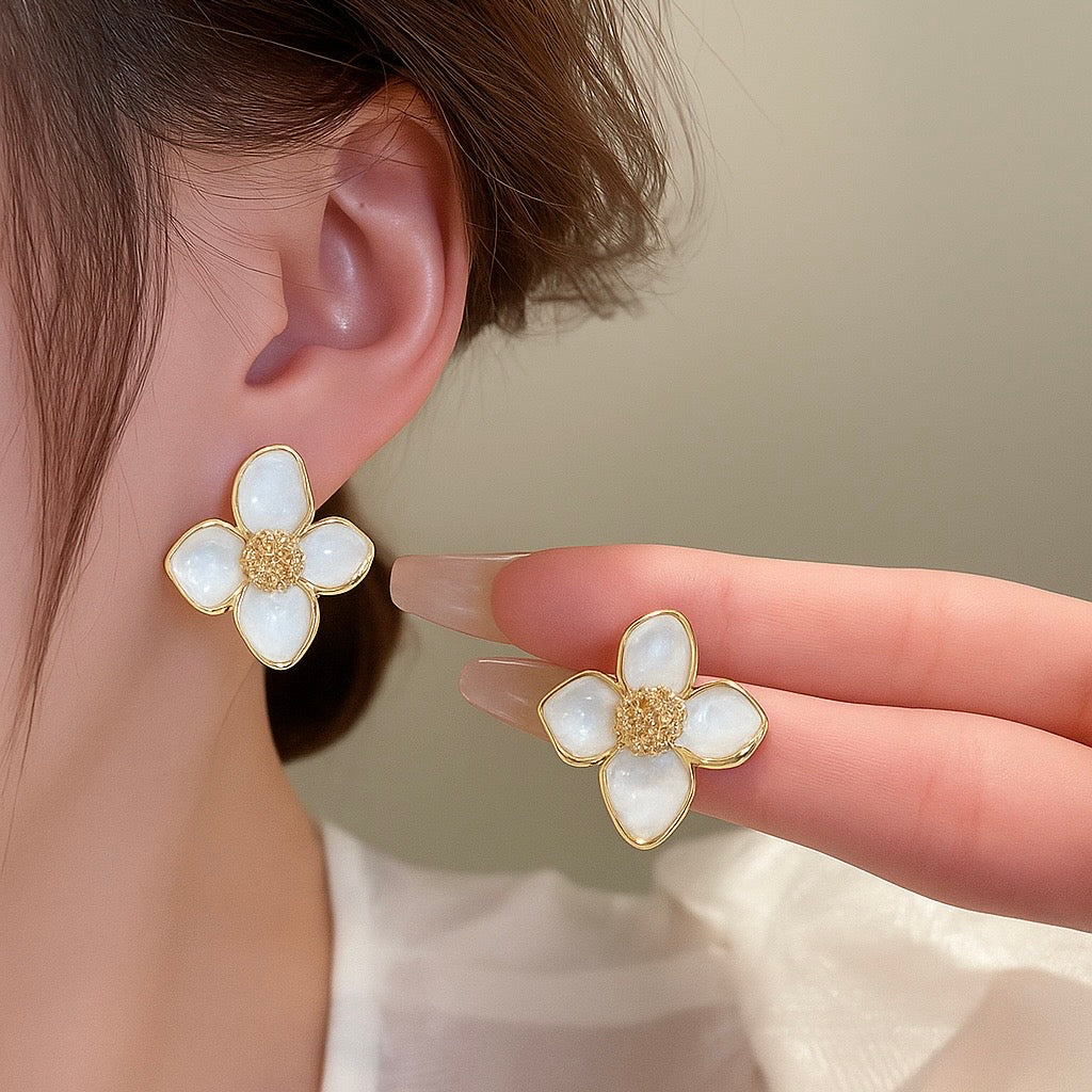 Luxury Gold Plated White Enamel Flower Earrings for Women