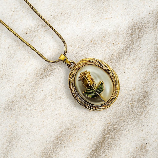 Vintage Gold Plated Rose Oval Chain Locket Style with Enamel Flower Design Necklace