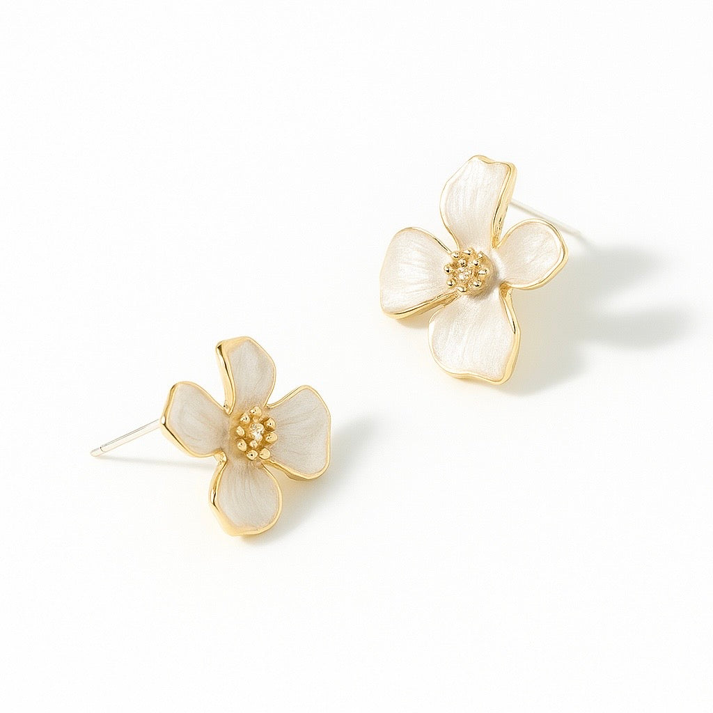 Luxury Gold Plated White Enamel Flower Earrings for Women