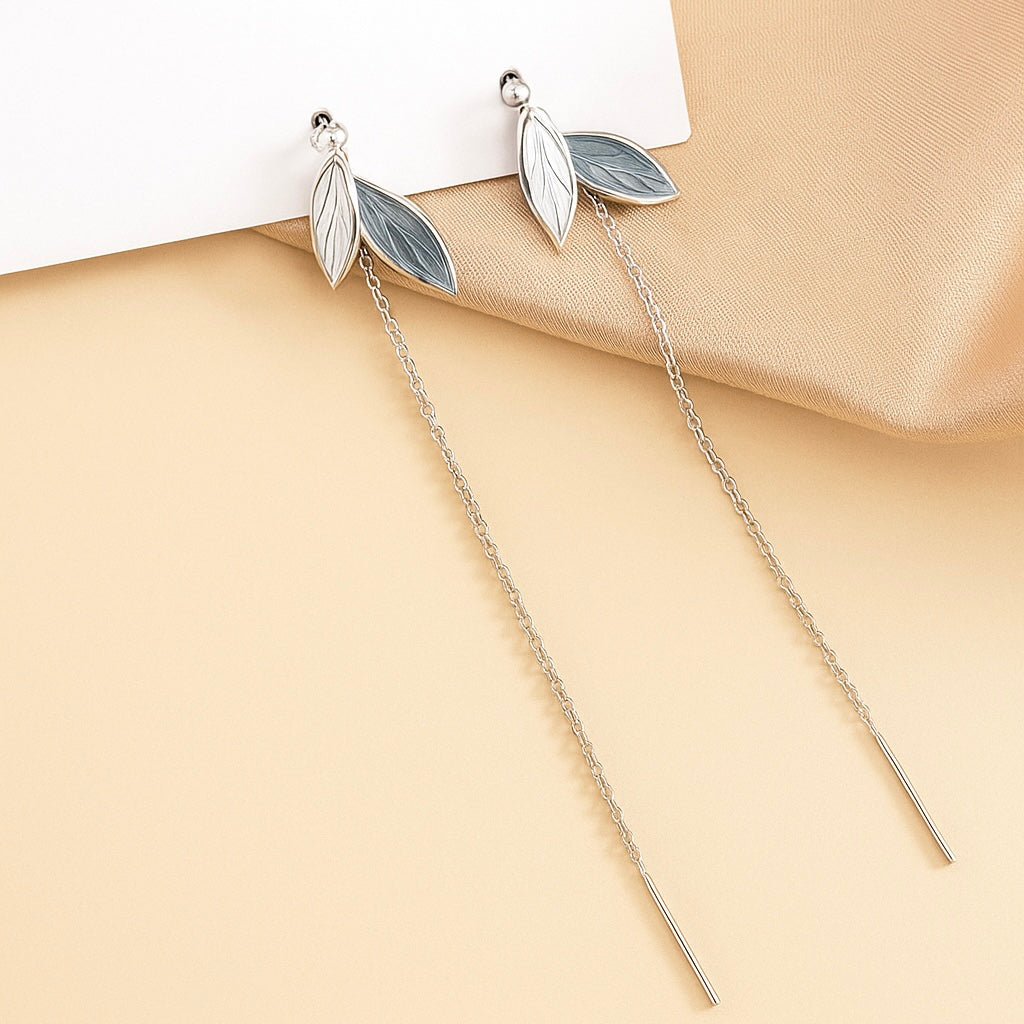 Elegant Blue & White Enamel Leaf Drop Dangle Earrings for Women