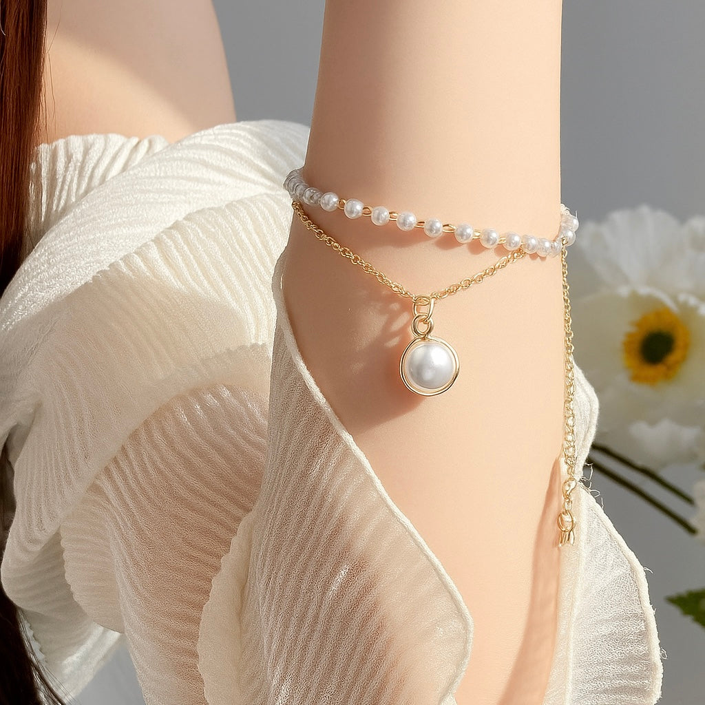 Elegant Pearl Beaded with Pearl Charm Pendant Bracelet for Women & Girls