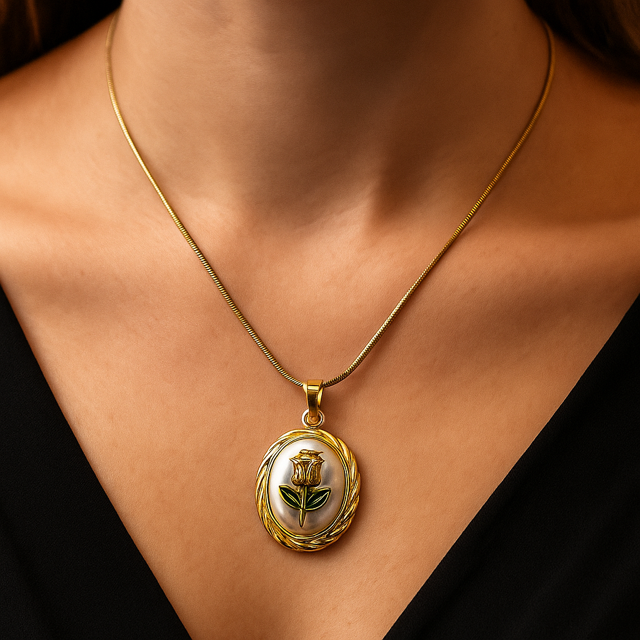 Vintage Gold Plated Rose Oval Chain Locket Style with Enamel Flower Design Necklace