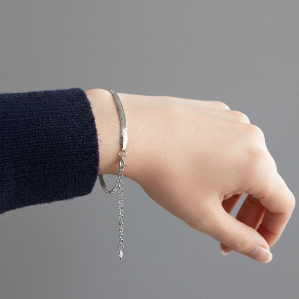 Silver Plated Snake Chain Bracelet for Women with Heart Charm