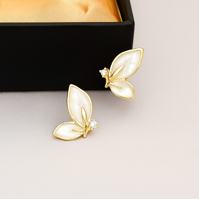 Luxury Butterfly Gold Plated White Enamel Studs with Crystal Accent Earrings for Women