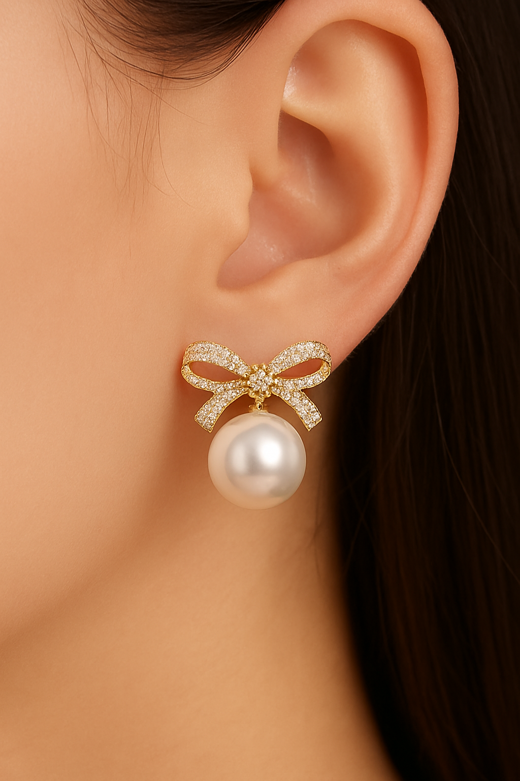 Elegant Crystal Bow Designed Gold Plated Pearl Stud Earrings for Women