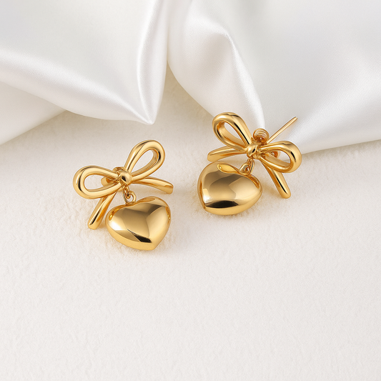 Elegant Gold Heart Bow Anti Tarnish Korean Earrings for Women & Girls