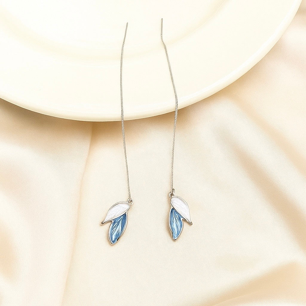Elegant Blue & White Enamel Leaf Drop Dangle Earrings for Women