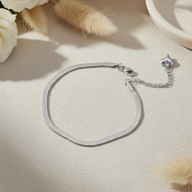 Silver Plated Snake Chain Bracelet for Women with Heart Charm