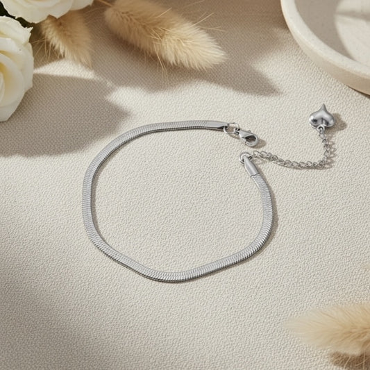 Silver Plated Snake Chain Bracelet for Women with Heart Charm