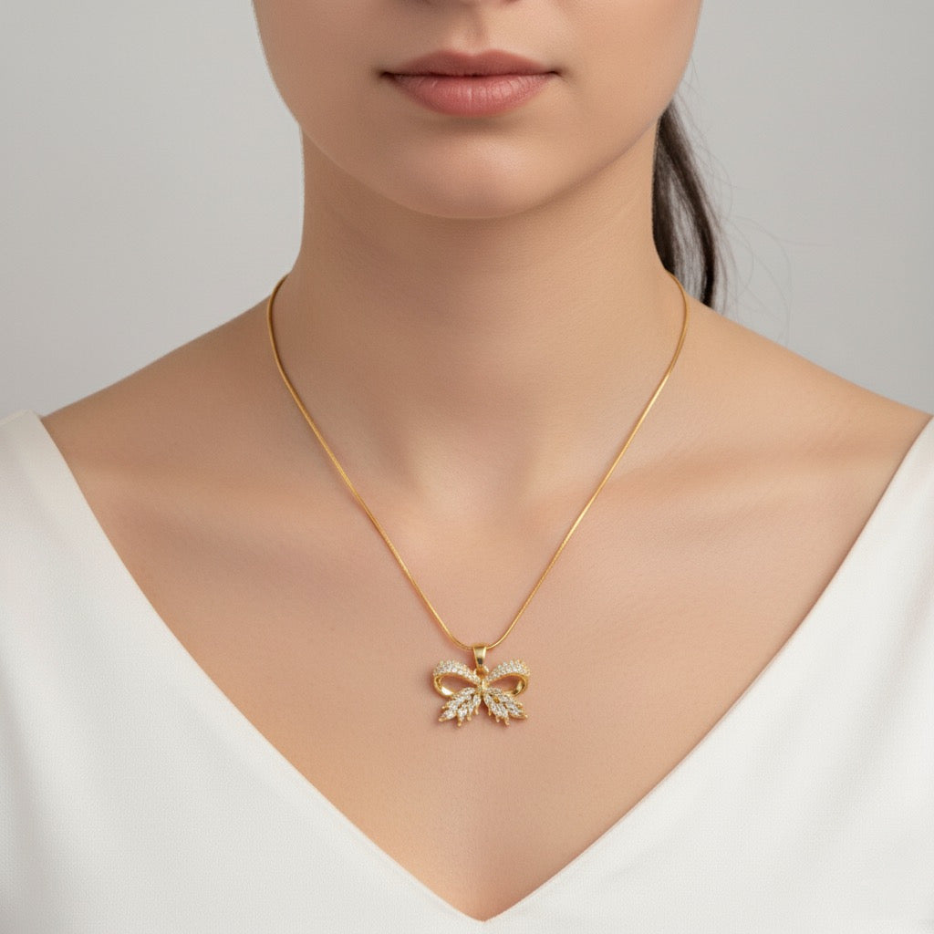 Elegant Bow Pendant Necklace with Sparkling Cubic Zirconia Stones for Women & Girls