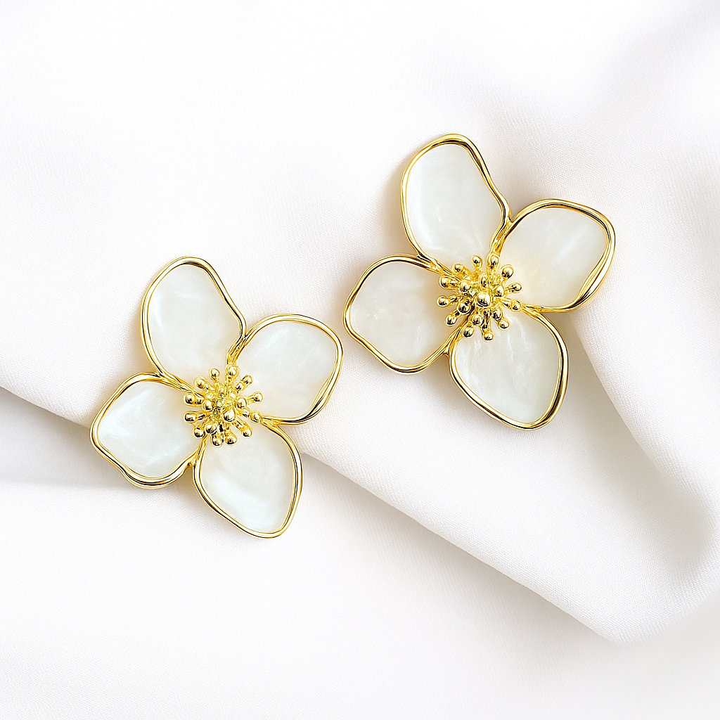 Luxury Gold Plated White Enamel Flower Earrings for Women