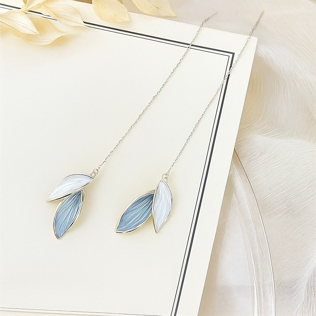 Elegant Blue & White Enamel Leaf Drop Dangle Earrings for Women