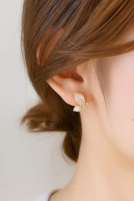 Luxury Butterfly Gold Plated White Enamel Studs with Crystal Accent Earrings for Women