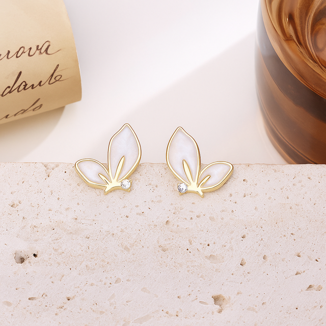 Luxury Butterfly Gold Plated White Enamel Studs with Crystal Accent Earrings for Women