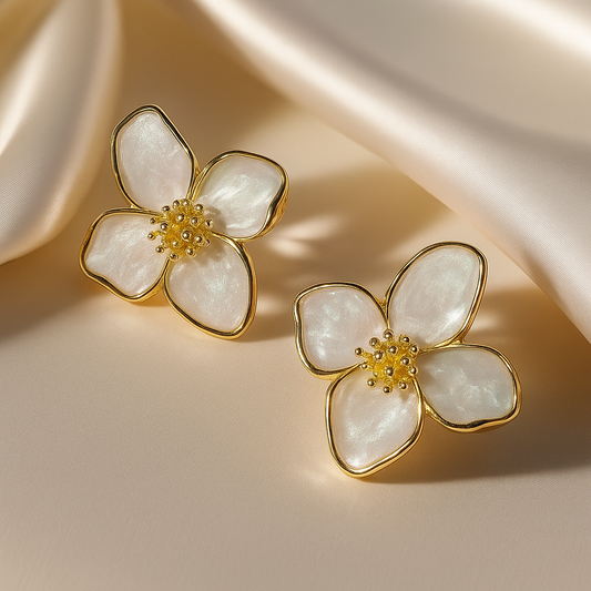 Luxury Gold Plated White Enamel Flower Earrings for Women