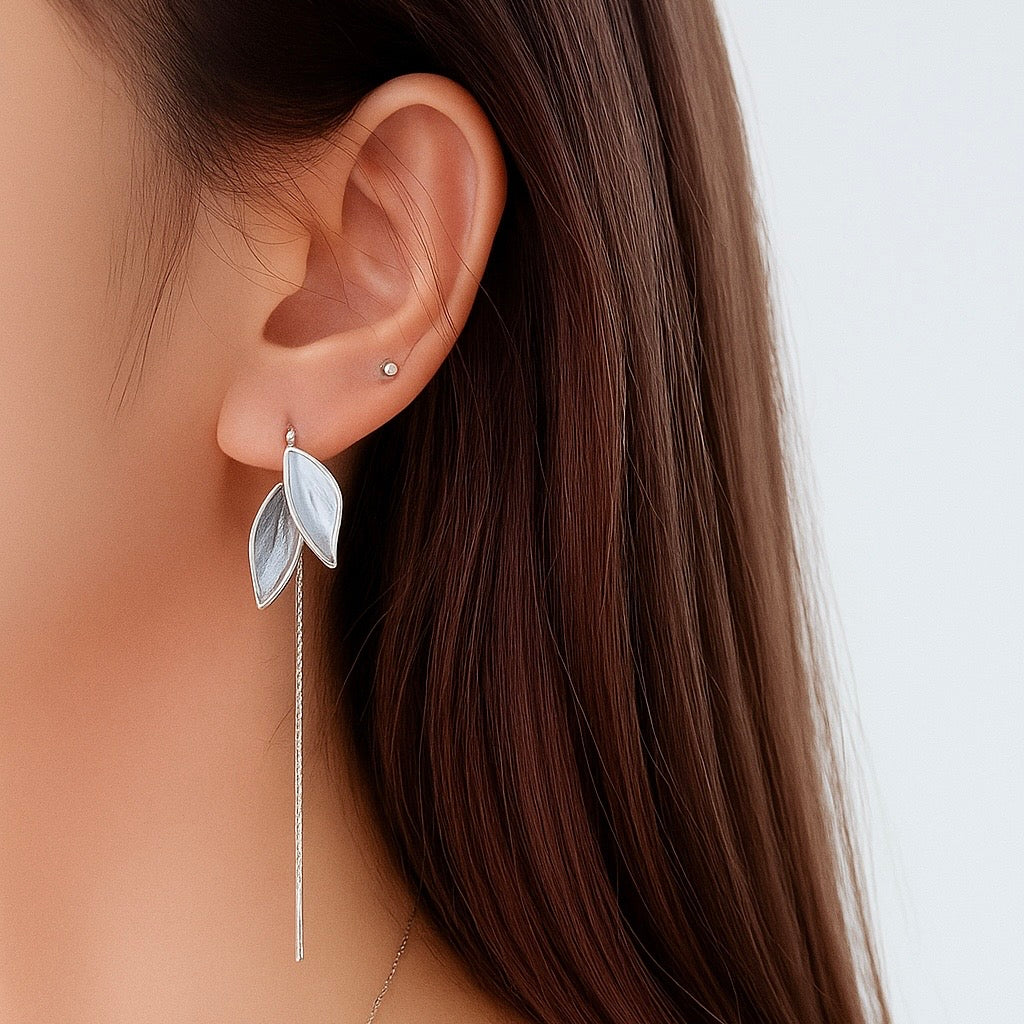 Elegant Blue & White Enamel Leaf Drop Dangle Earrings for Women