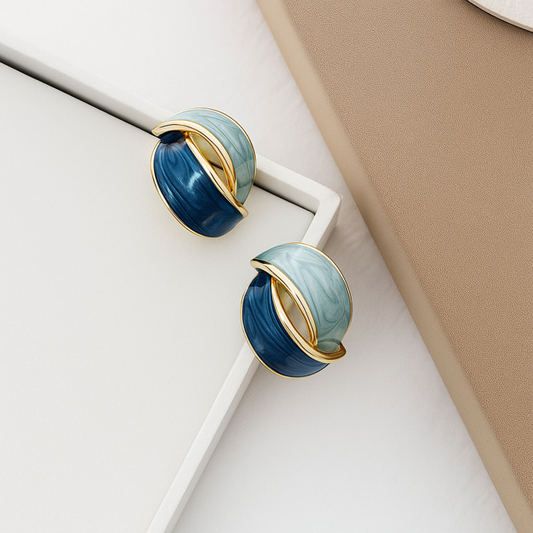 Luxury Korean Style Blue Enamel Gold Plated Stud Earrings for Women