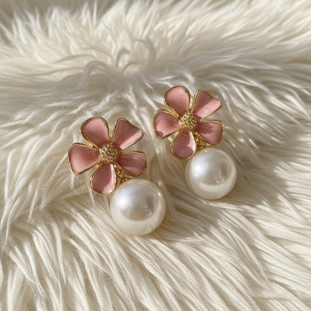 Charming Pink Enamel Floral Stud Earrings with Round Pearl Dangle