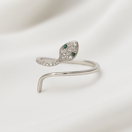 Silver Snake Design With Zircon Stone & Green Eye Adjustable Ring for Women