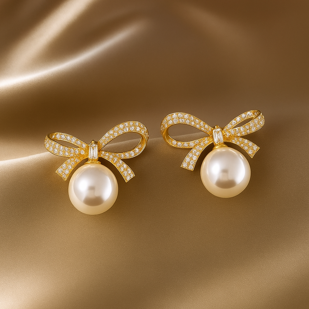 Elegant Crystal Bow Designed Gold Plated Pearl Stud Earrings for Women