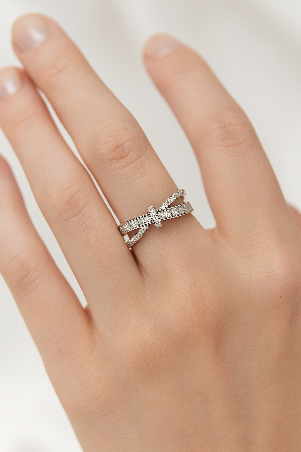 Silver Bow Designed Zircon Stone Studded Elegant Adjustable Ring for Women